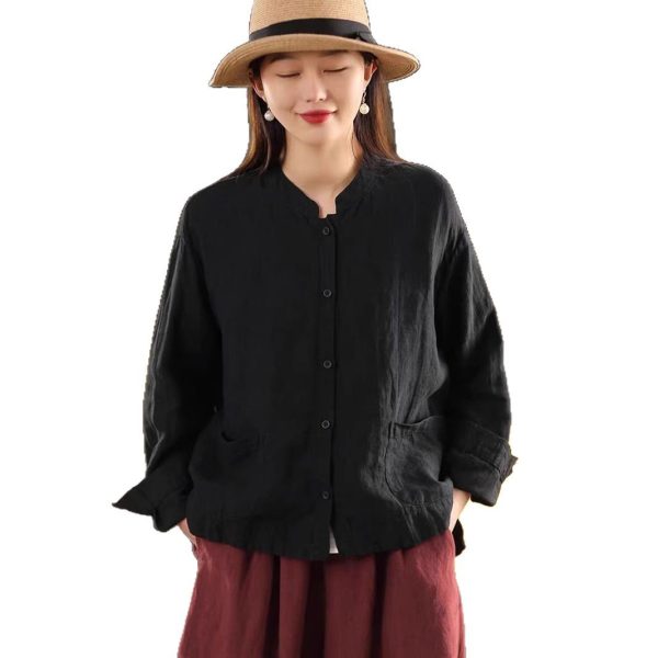 Spring New Color Sand-Washed Linen Shirt Elegant Stand Collar Long Sleeve Blouse Single Breasted Open Cardigan Top - Image 5
