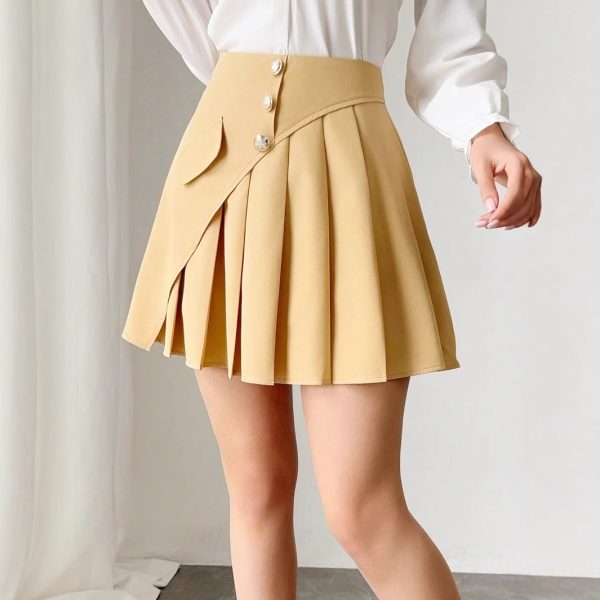 Solid Color Pleated Front Button Design Women's Elegant A-Line Dress - Image 4