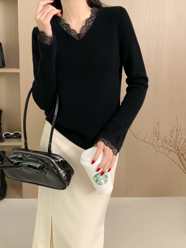 Arrival Elegant Lace Splicing Knitted Base Layer V-Neck Casual Loose Long Sleeve T-Shirt Slimming Long Sleeve Top - Image 6