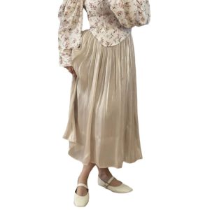Silky Shiny A-Line Skirt  Elegant  Style Versatile Pleated Midi Skirt Women's INS