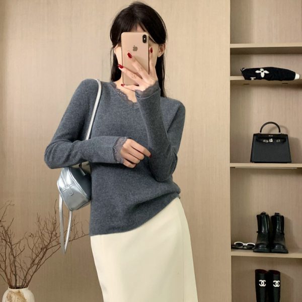 Arrival Elegant Lace Splicing Knitted Base Layer V-Neck Casual Loose Long Sleeve T-Shirt Slimming Long Sleeve Top - Image 2