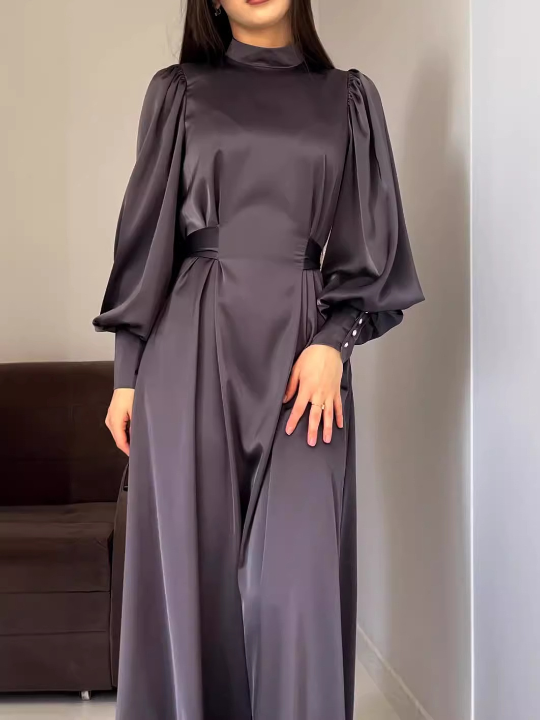 Waist-Cinching Solid Color Long Sleeve Fitted Waistband Retro Elegant Dress Gown - Image 6