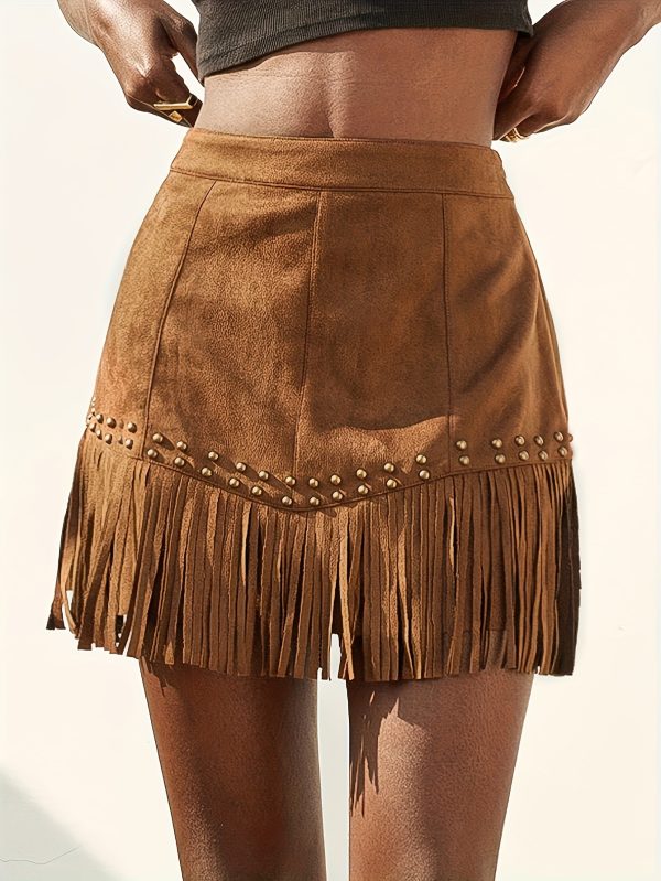 Elegant Vacation Style Women's Suede Fringe Rivet Design Short Skirt - Image 6