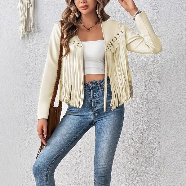 Elegant Solid Color Tassel Trimmed Front-Opening Jacket for Women - Image 5