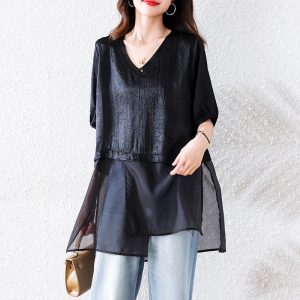 Plus Size Women's Mid-Length Spliced Short Sleeve Simple Loose Elegant Versatile Top