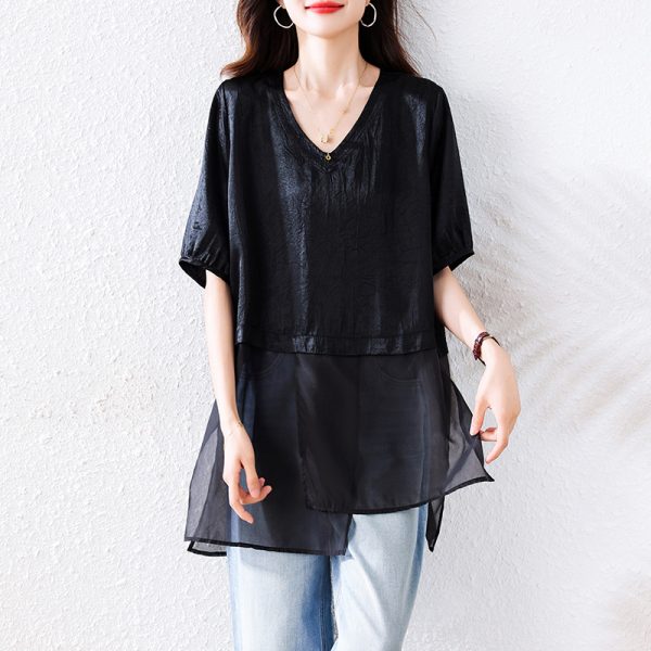 Plus Size Women's Mid-Length Spliced Short Sleeve Simple Loose Elegant Versatile Top - Image 3