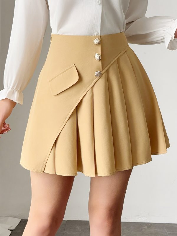 Solid Color Pleated Front Button Design Women's Elegant A-Line Dress - Image 6