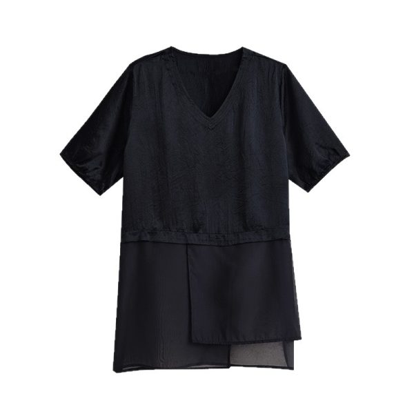 Plus Size Women's Mid-Length Spliced Short Sleeve Simple Loose Elegant Versatile Top - Image 5