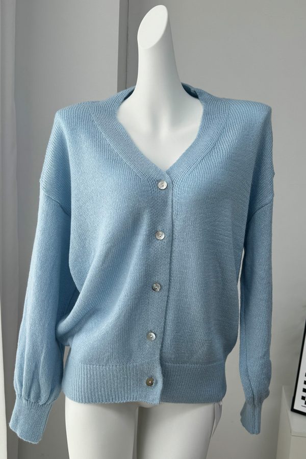 Soft Mohair V-Neck Hollow Cardigan Women's Elegant Lazy Style Shell Button Lantern Sleeve Sweater Jacket - Image 7