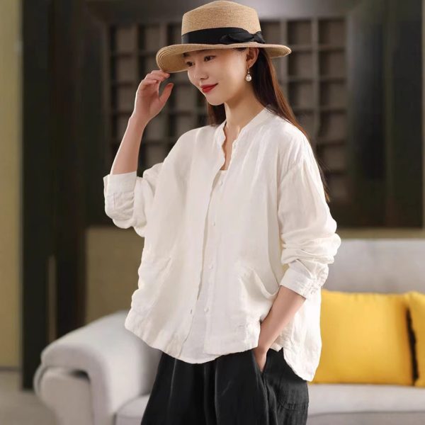 Spring New Color Sand-Washed Linen Shirt Elegant Stand Collar Long Sleeve Blouse Single Breasted Open Cardigan Top - Image 4