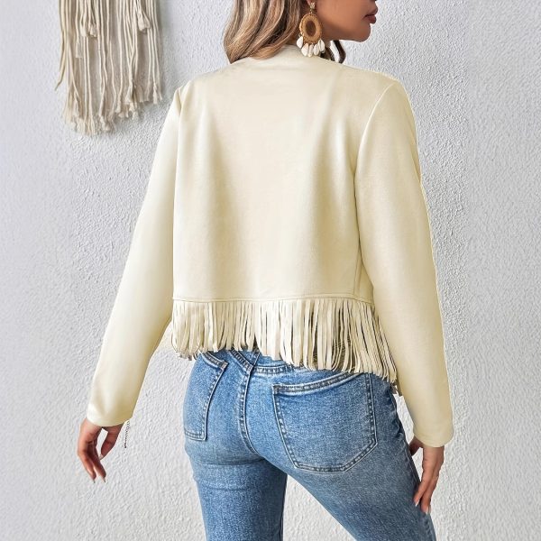 Elegant Solid Color Tassel Trimmed Front-Opening Jacket for Women - Image 2