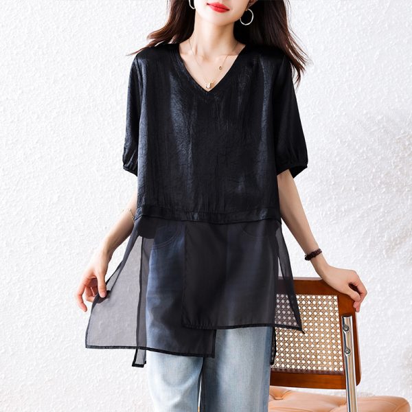 Plus Size Women's Mid-Length Spliced Short Sleeve Simple Loose Elegant Versatile Top - Image 2