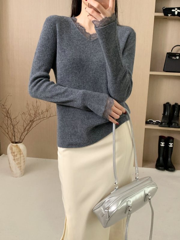 Arrival Elegant Lace Splicing Knitted Base Layer V-Neck Casual Loose Long Sleeve T-Shirt Slimming Long Sleeve Top - Image 7
