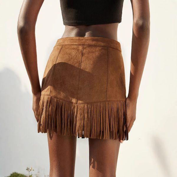 Elegant Vacation Style Women's Suede Fringe Rivet Design Short Skirt - Image 2