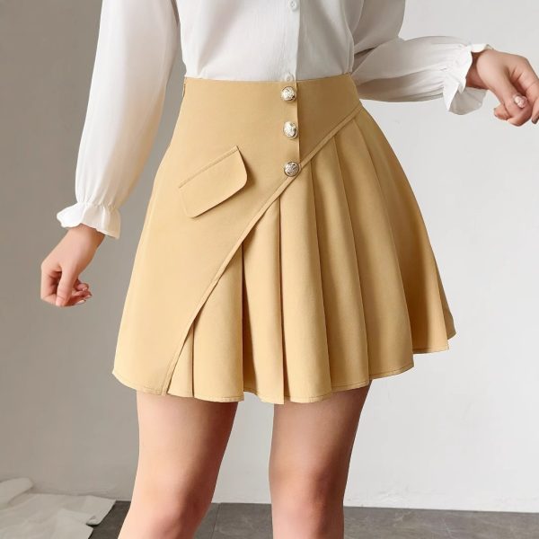 Solid Color Pleated Front Button Design Women's Elegant A-Line Dress - Image 5