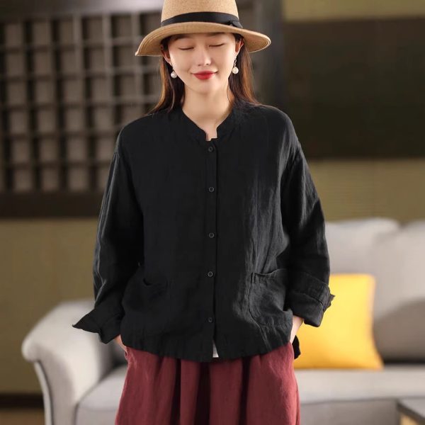 Spring New Color Sand-Washed Linen Shirt Elegant Stand Collar Long Sleeve Blouse Single Breasted Open Cardigan Top - Image 7