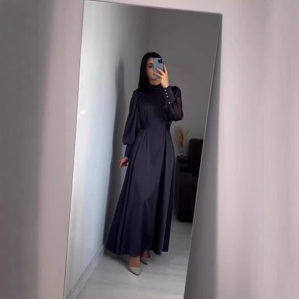 Waist-Cinching Solid Color Long Sleeve Fitted Waistband Retro Elegant Dress Gown - Image 2