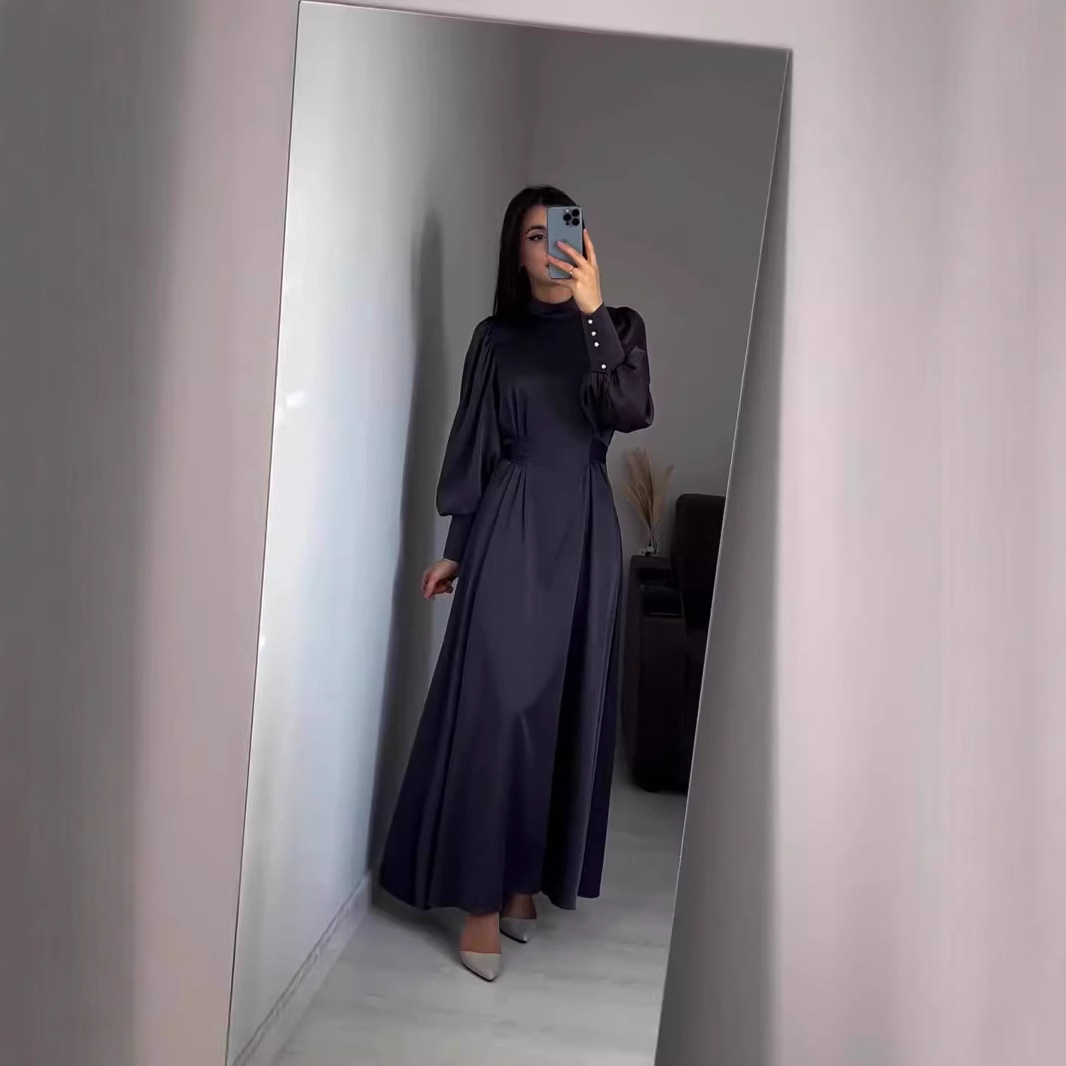 Waist-Cinching Solid Color Long Sleeve Fitted Waistband Retro Elegant Dress Gown - Image 2