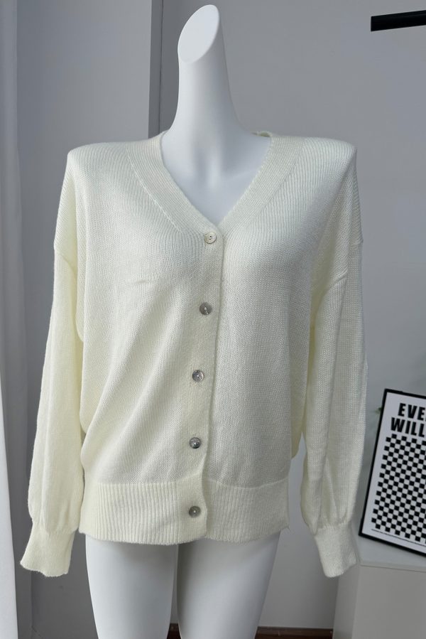 Soft Mohair V-Neck Hollow Cardigan Women's Elegant Lazy Style Shell Button Lantern Sleeve Sweater Jacket - Image 8