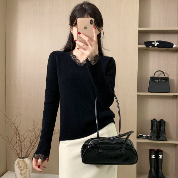 Arrival Elegant Lace Splicing Knitted Base Layer V-Neck Casual Loose Long Sleeve T-Shirt Slimming Long Sleeve Top - Image 5