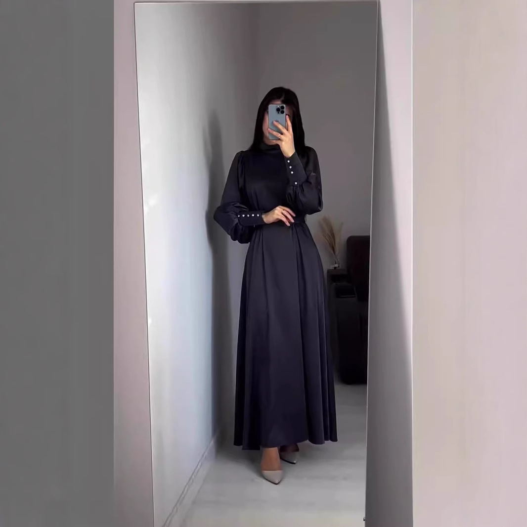 Waist-Cinching Solid Color Long Sleeve Fitted Waistband Retro Elegant Dress Gown - Image 5