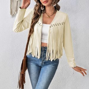 Elegant Solid Color Tassel Trimmed Front-Opening Jacket for Women