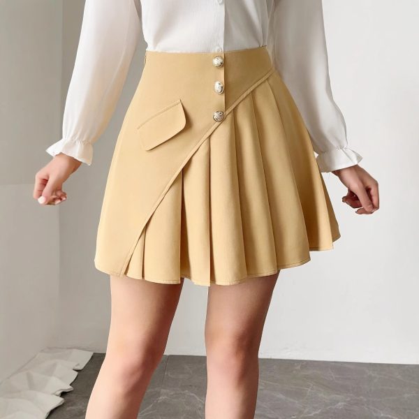 Solid Color Pleated Front Button Design Women's Elegant A-Line Dress