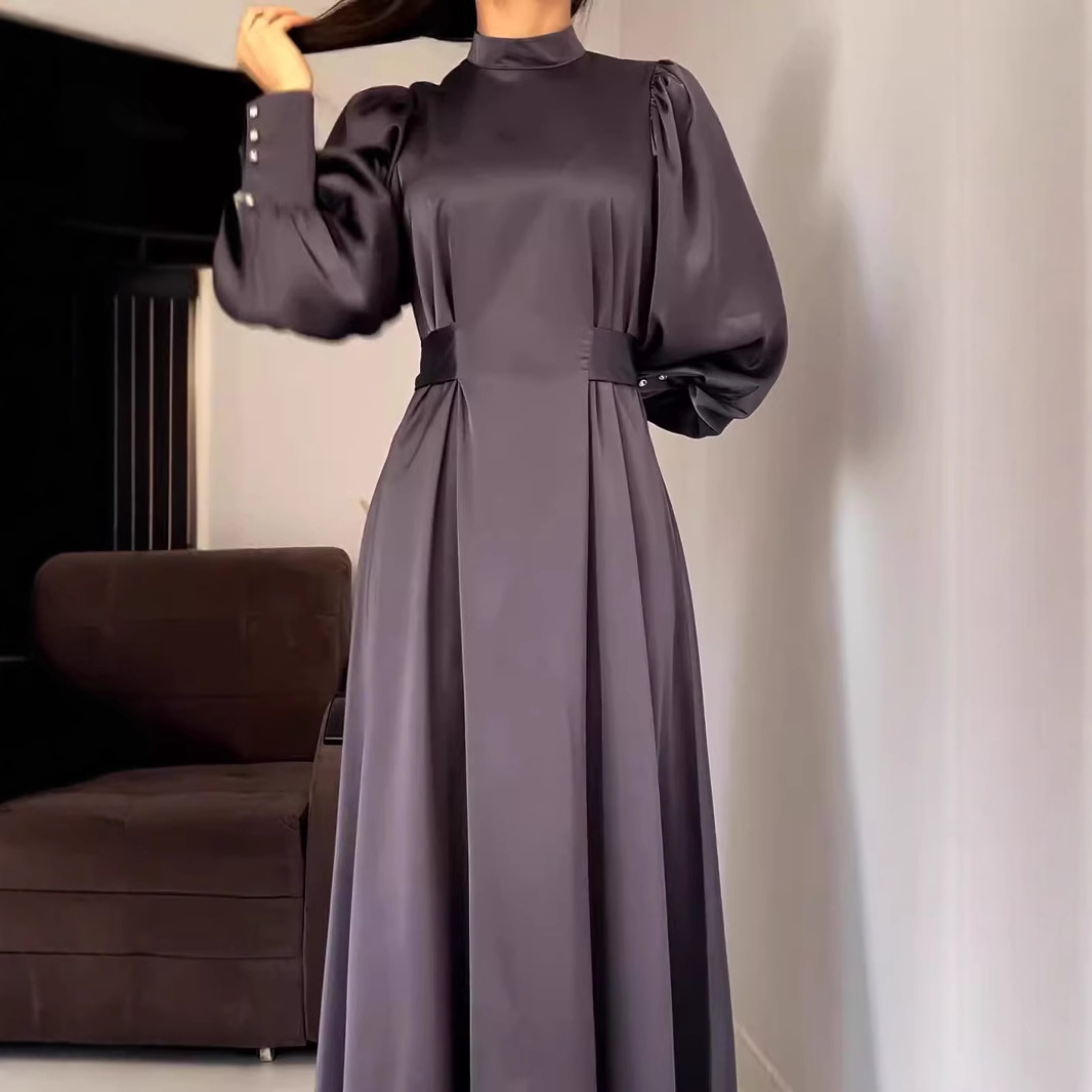 Waist-Cinching Solid Color Long Sleeve Fitted Waistband Retro Elegant Dress Gown - Image 3