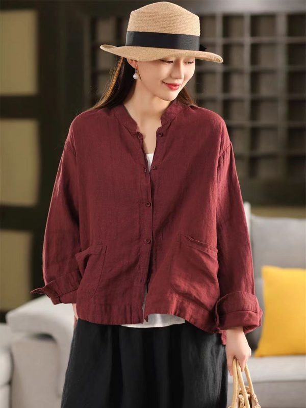 Spring New Color Sand-Washed Linen Shirt Elegant Stand Collar Long Sleeve Blouse Single Breasted Open Cardigan Top - Image 6