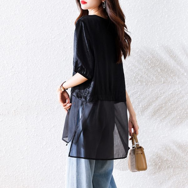 Plus Size Women's Mid-Length Spliced Short Sleeve Simple Loose Elegant Versatile Top - Image 4