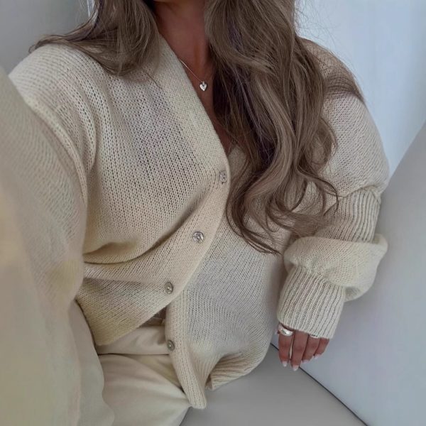 Soft Mohair V-Neck Hollow Cardigan Women's Elegant Lazy Style Shell Button Lantern Sleeve Sweater Jacket - Image 2
