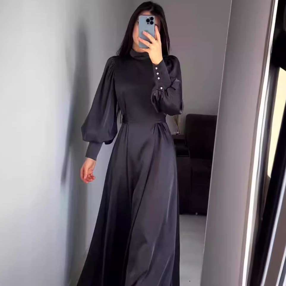 Waist-Cinching Solid Color Long Sleeve Fitted Waistband Retro Elegant Dress Gown - Image 7