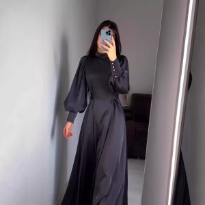 Waist-Cinching Solid Color Long Sleeve Fitted Waistband Retro Elegant Dress Gown