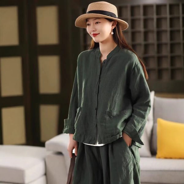 Spring New Color Sand-Washed Linen Shirt Elegant Stand Collar Long Sleeve Blouse Single Breasted Open Cardigan Top - Image 3