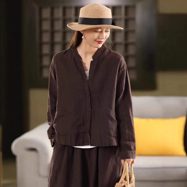Spring New Color Sand-Washed Linen Shirt Elegant Stand Collar Long Sleeve Blouse Single Breasted Open Cardigan Top - Image 2