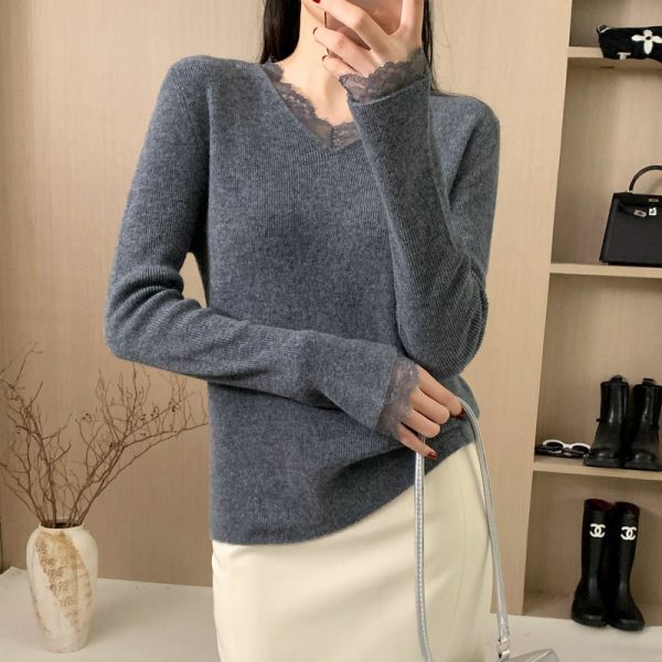 Arrival Elegant Lace Splicing Knitted Base Layer V-Neck Casual Loose Long Sleeve T-Shirt Slimming Long Sleeve Top - Image 3