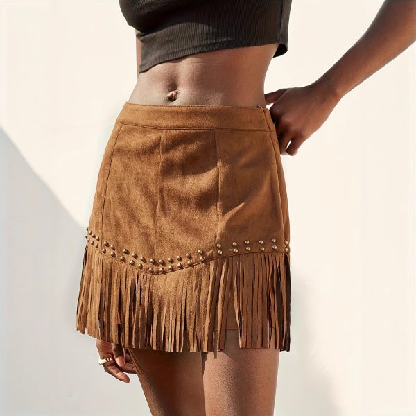 Elegant Vacation Style Women's Suede Fringe Rivet Design Short Skirt - Image 5