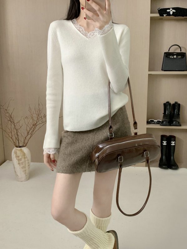 Arrival Elegant Lace Splicing Knitted Base Layer V-Neck Casual Loose Long Sleeve T-Shirt Slimming Long Sleeve Top - Image 8