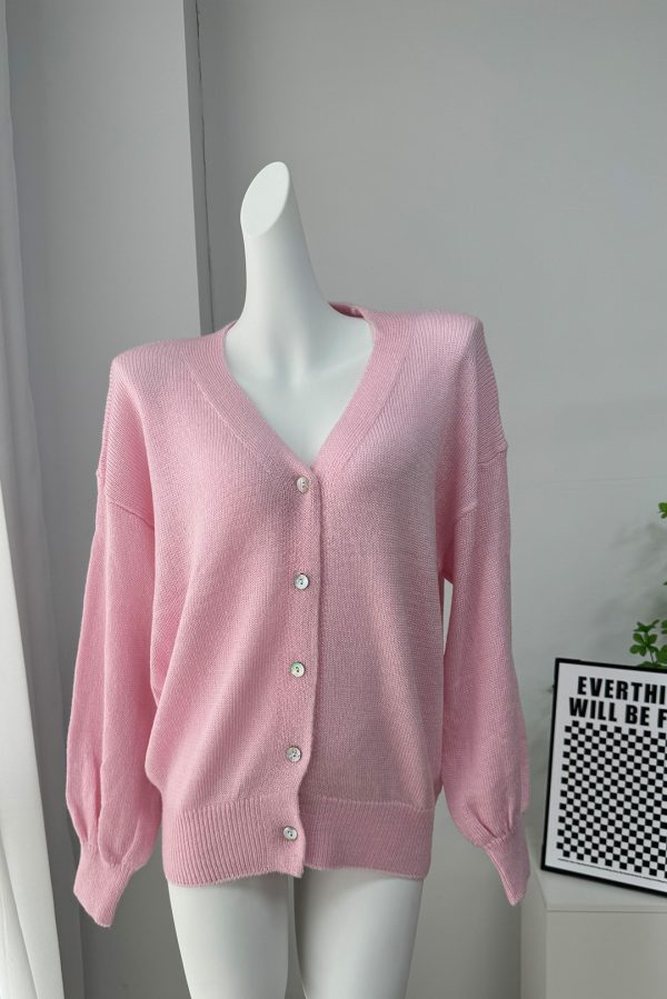 Soft Mohair V-Neck Hollow Cardigan Women's Elegant Lazy Style Shell Button Lantern Sleeve Sweater Jacket - Image 6