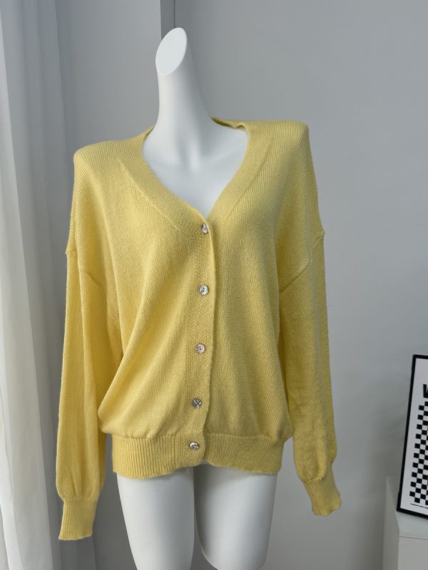 Soft Mohair V-Neck Hollow Cardigan Women's Elegant Lazy Style Shell Button Lantern Sleeve Sweater Jacket - Image 9