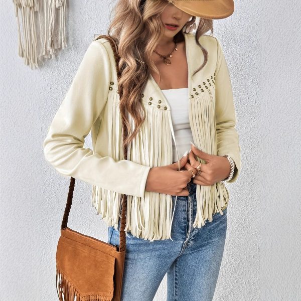 Elegant Solid Color Tassel Trimmed Front-Opening Jacket for Women - Image 4