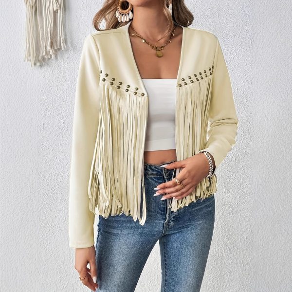 Elegant Solid Color Tassel Trimmed Front-Opening Jacket for Women - Image 3