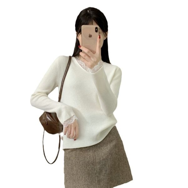 Arrival Elegant Lace Splicing Knitted Base Layer V-Neck Casual Loose Long Sleeve T-Shirt Slimming Long Sleeve Top