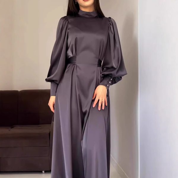 Waist-Cinching Solid Color Long Sleeve Fitted Waistband Retro Elegant Dress Gown - Image 4
