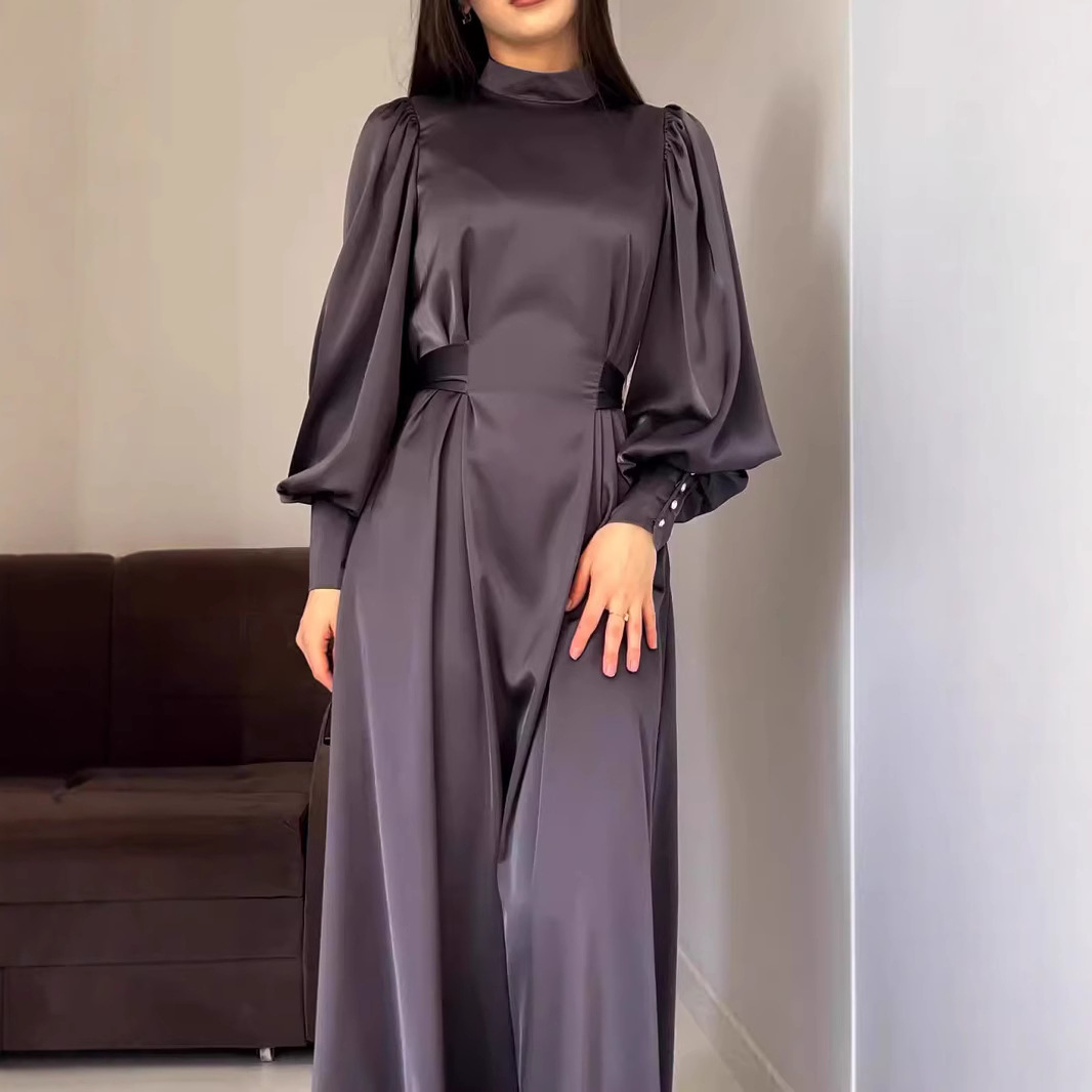 Waist-Cinching Solid Color Long Sleeve Fitted Waistband Retro Elegant Dress Gown - Image 4